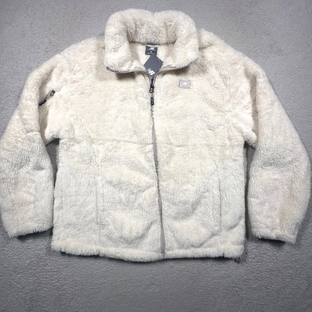 New Balance Fuzzy Fleece Jacket Women's M Cream Full Zip Sherpa Pockets NWT